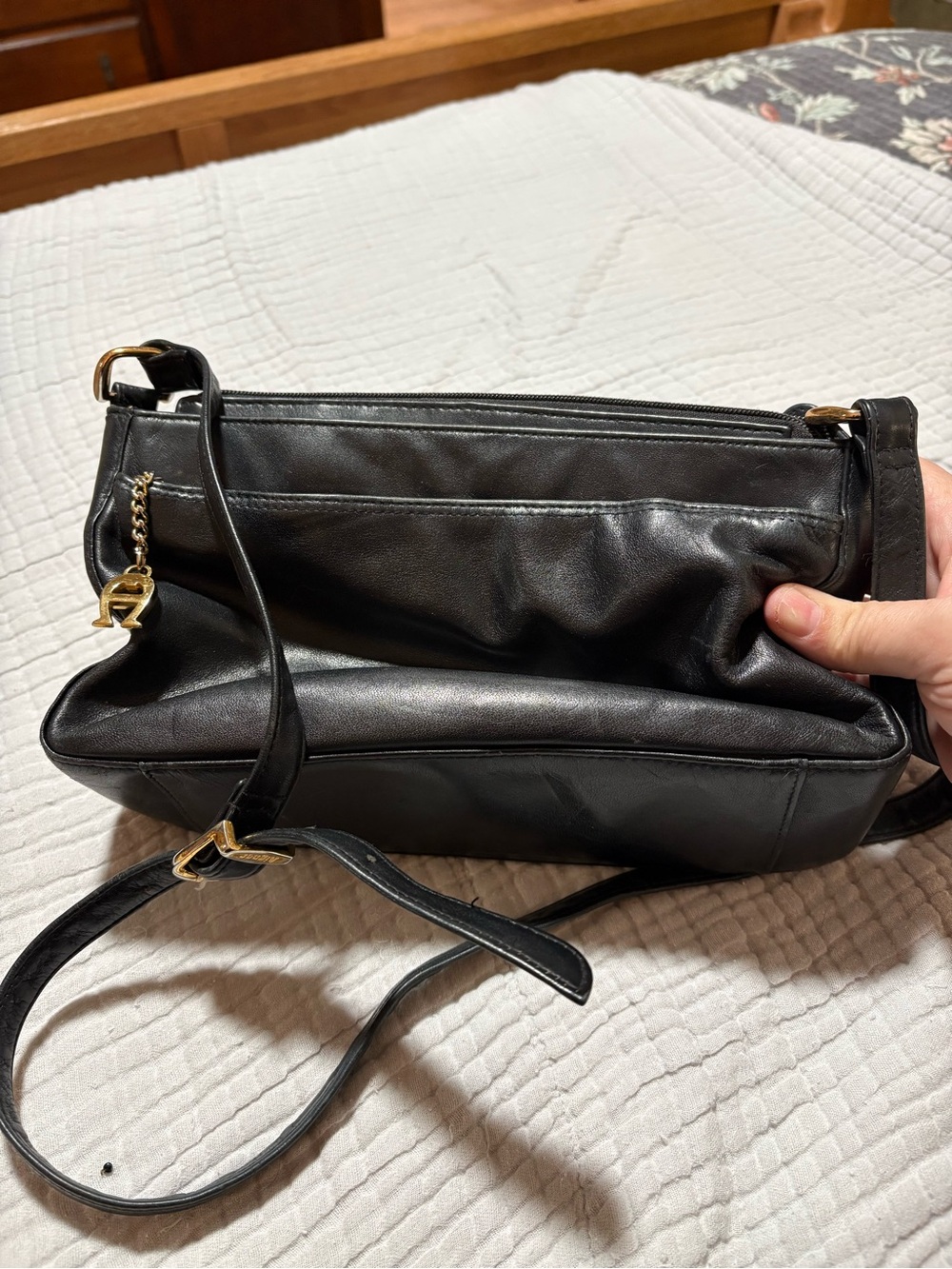 Vintage Aigner Black Leather Shoulder Bag with Gold Accents